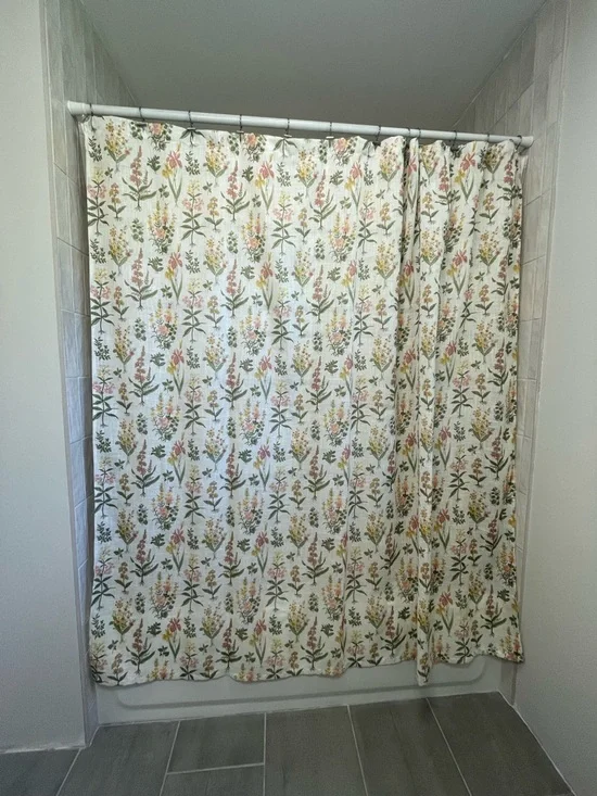 Floral Cotton Shower Curtain - Cream with Green & Pink Blooms
