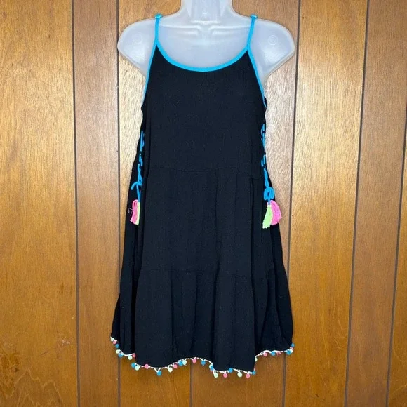 Justice Girls Dress 14 16 Black Tassel Pom‎ Pom Side Laceup Beach Coverup Boho