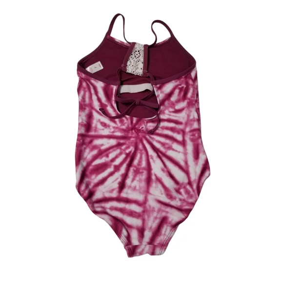 Justice Maroon Tye-Dye Print Crochet Racerback One Piece Swimsuit 7