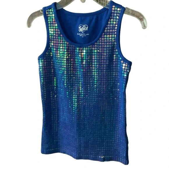 JUSTICE Sequin Top Blue Sleeveless Iridescent Mermaid Girls Size 14