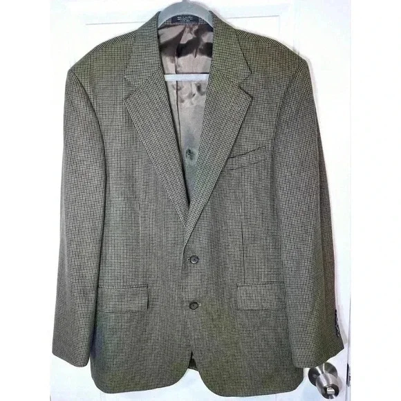 Oscar‎ de la Renta Mens 42R Houndstooth Wool Blazer Brown Tan Sport Coat 3087