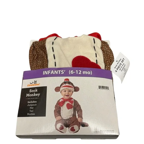 Way to Celebrate Sock Monkey Infant Costume 4 Piece Set 6-12 Months Brown Red