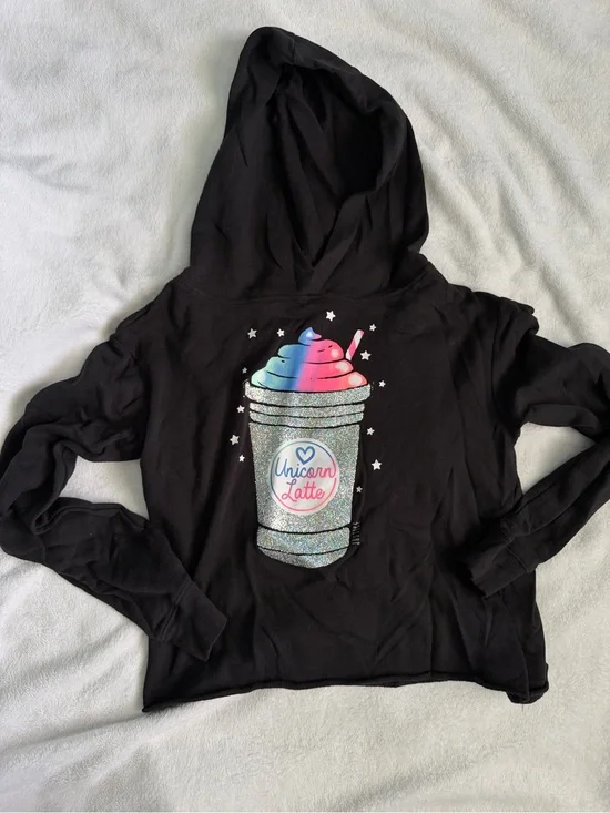 Justice Black Hoodie with Glitter 'Unicorn Latte' Graphic