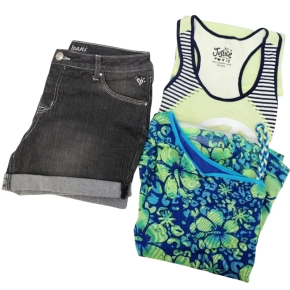 Justice Girls Yourh Size 16 & 18 Bundle of 3 Piece Shirt Tops Shorts