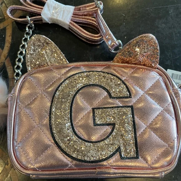 Justice Girls Kitty Purse, Pink‎ Glitter, Initial G, New With Tags