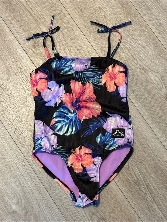 Justice Girls' Black Floral Tropical One-Piece Swimsuit
