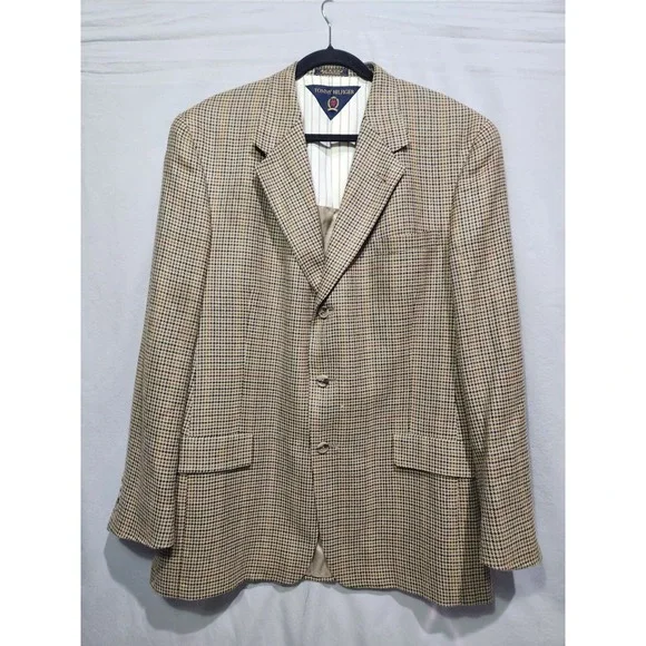 Vtg Tommy Hilfiger Brown Wool Blazer Jacket 43L‎ 3-Button USA 90s Houndstooth