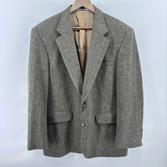 Lands End Sport Coat Blazer Mens 40R Brown Lambs Wool Herringbone‎ Two Button