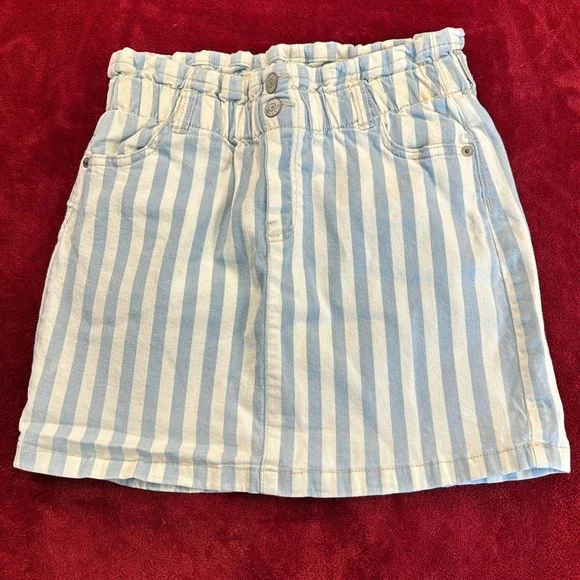 Justice Girls Blue White Striped Denim Paperbag Waist Mini Skirt Size 12