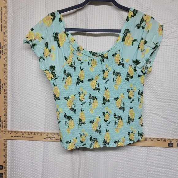 Justice Girls Blue Floral Smocked Bodice Top Yellow Rose Flutter Sleeve 18/20