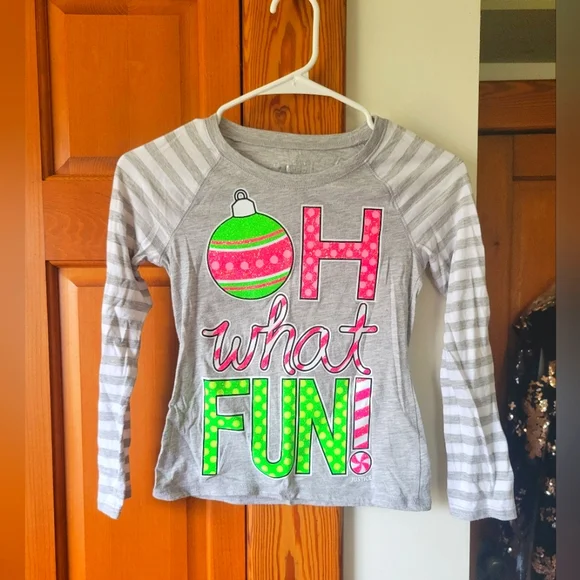 Nwot Justice neon christmas ornament striped top shirt holiday girls 8