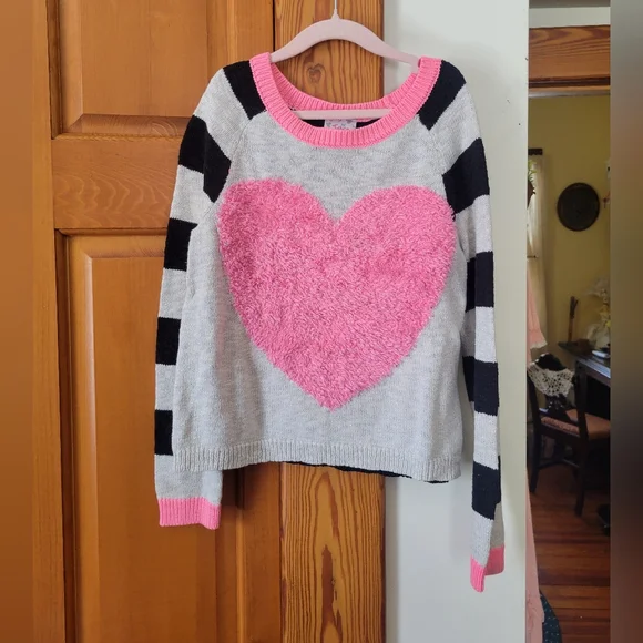 Girls Justice Pink Fuzzy Heart Sweater with Cream And Black Stripes 10