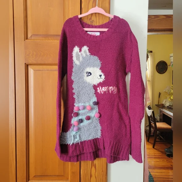 Justice Burgundy Maroon Fuzzy Knit Llama Tunic Sweater with Pom Poms 8