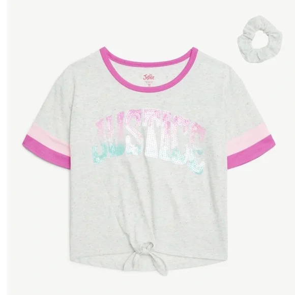 🔴 3/$12 Justice Gray and Pink Tie-Front‎ T-Shirt with Hair Tie! NWT!