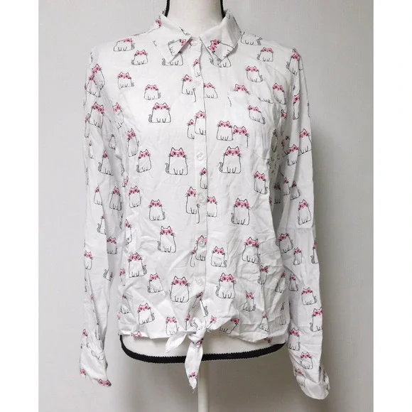 Justice Girls White Blouse with Cats Size 20 Ties in front at waist‎