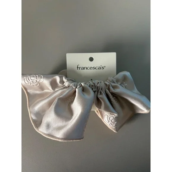 Francesca's Ivory Satin Oversized Bow Scrunchie Floral Embossed Hair Accessory