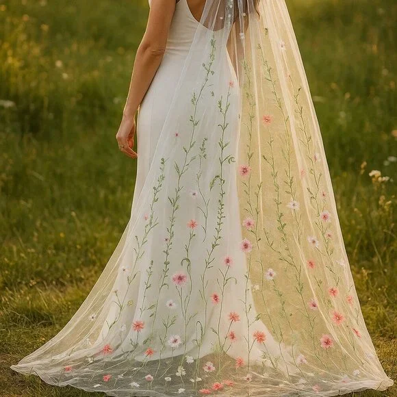 Floral embroidery wedding veil fairy garden outdoor cathedral length