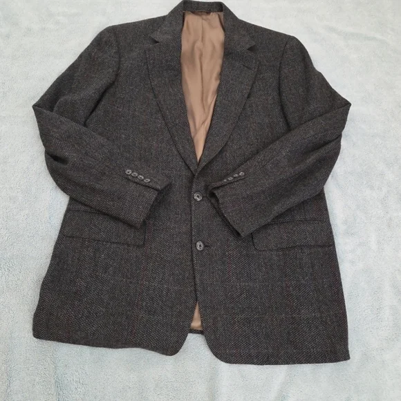 VTG Tweed Jacket L Grey Herringbone 100% Wool Blazer 44R Made in USA Sport Coat