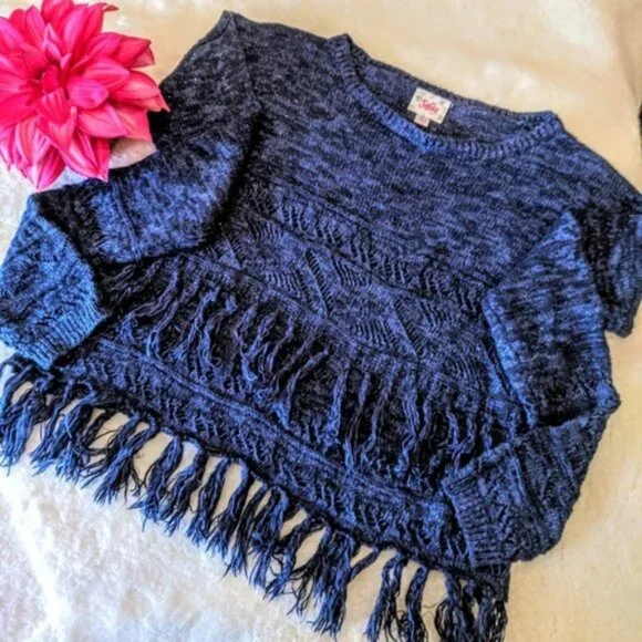 Justice | Navy Blue Long Sleeve Knit Fringe Crop Sweater | Size Girls 6