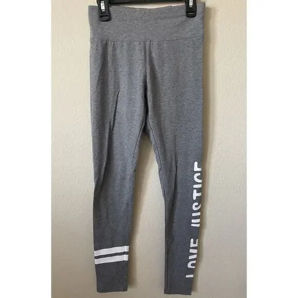 Justice Gray White Love Striped High Waist Full Length Leggings Size 12