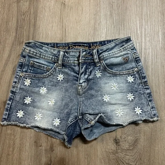 Justice Premium Denim Dark Wash Embroidered Floral Jean Shorts Size 10R