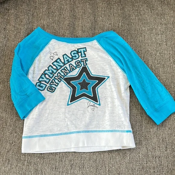 Justice Girls Blue White Gymnastics T-shirt Three Quarter Sleeve Size 7