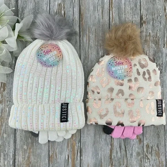 Girls Justice Ribbed & Full Print Winter Cozy Beanie and Gloves 2, 2-Piece Sets