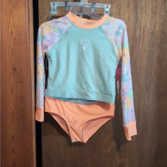 Justice Girls Mint & Peach Floral Sleeve Long-Sleeve Swim Set