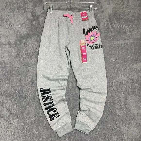 Justice Jogger Sweatpants Girls Size 10 Gray Glitter Logo Flower Graphic NWT