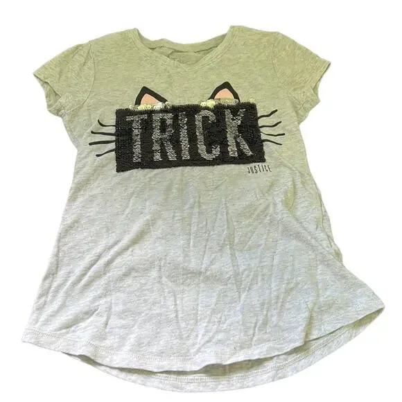 5 for $20 Justice Heathered Gray “Trick” Cat Short Sleeve Sequin Tee