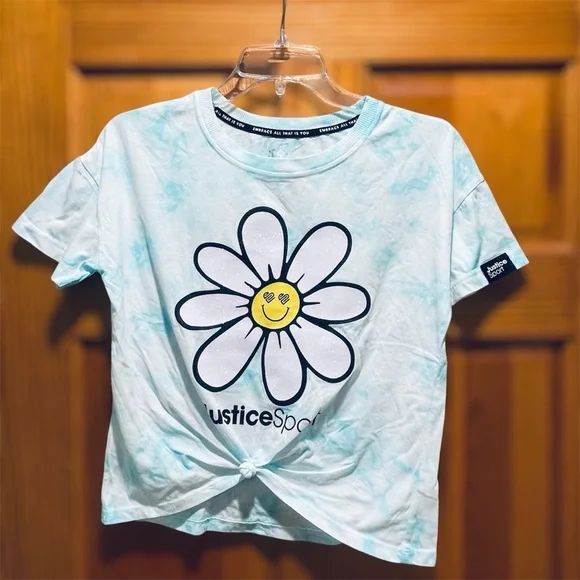 Justice Sport Girls Size Large Smiley Face Flower Tee Blue White Tie Dye