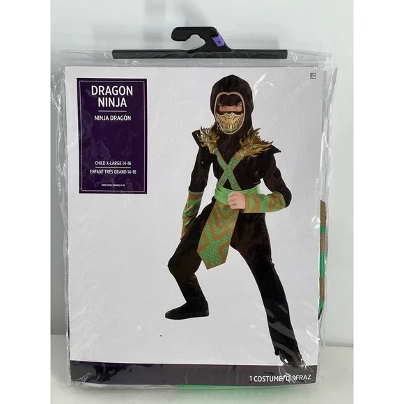 Dragon Ninja Costume Child XL 14-16 Jumpsuit Mask‎ Sash Halloween Cosplay
