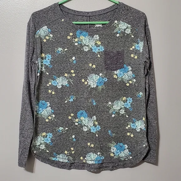 Justice Gray Long Sleeve Tee Shirt Blue Floral Lace Pocket Girls Size 16