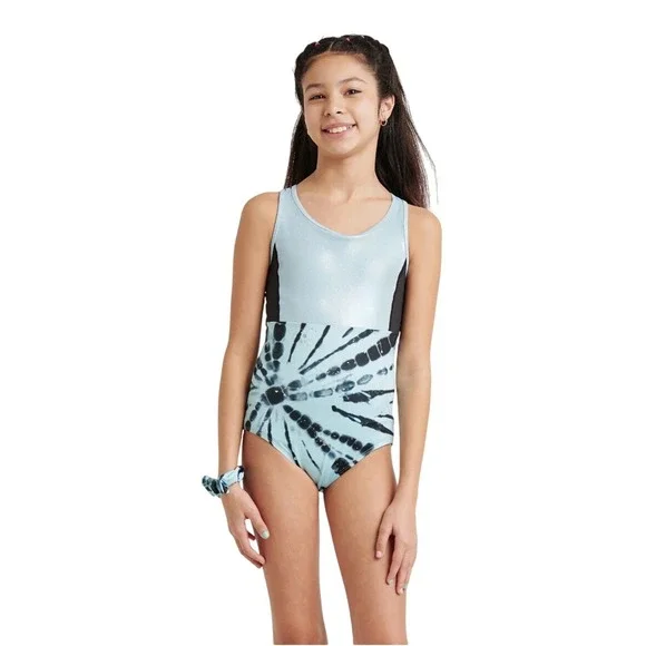 Justice Girls Strappy Back Leotard Blue and Black with Scrunchie, XS NWT