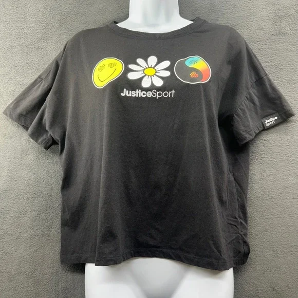 Justice Sport‎ Girls Black Smiley Graphic T-Shirt Top Tee Size XL Plus