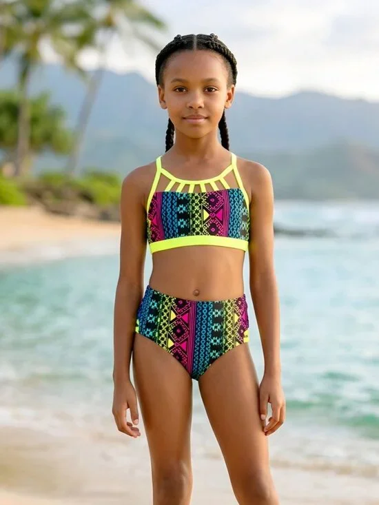 Justice ✦ Girls Neon Bikini Set ✦ Tribal Print High-Waisted UPF 50+ Size 8