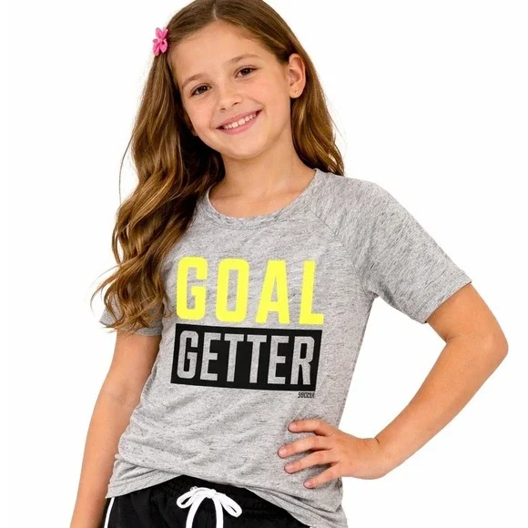 Justice Goal Getter Soccer Shirt Kids Size 8 Grey Neon Yellow Raglan Graphic Tee