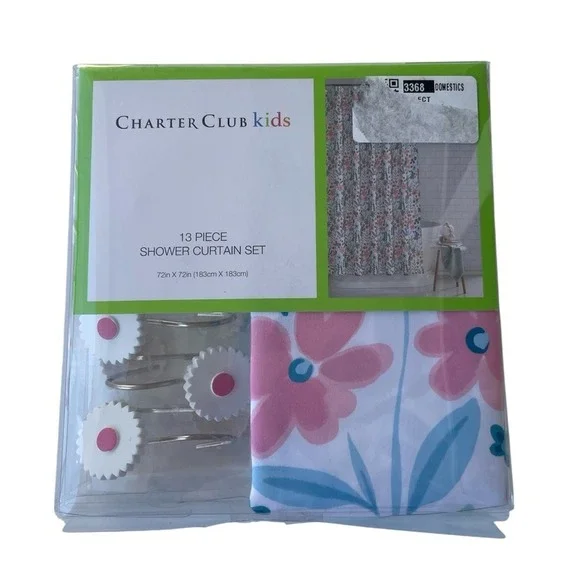 Charter Club Kids 13 Piece Floral Shower Curtain Hook Set Pink Blue 72