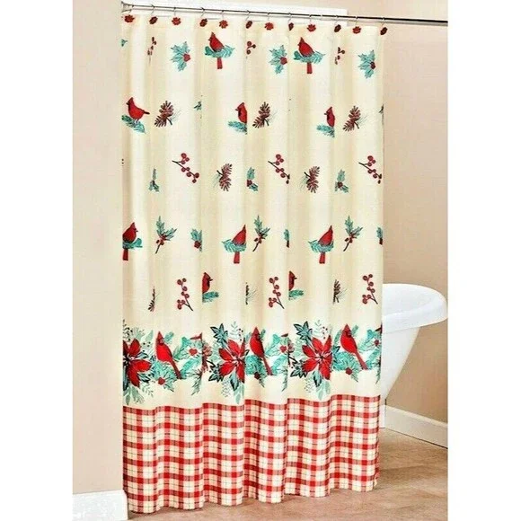 Cardinal Plaid Fabric Shower Curtain Holly Berry Poinsettia Red Bird Holiday NEW