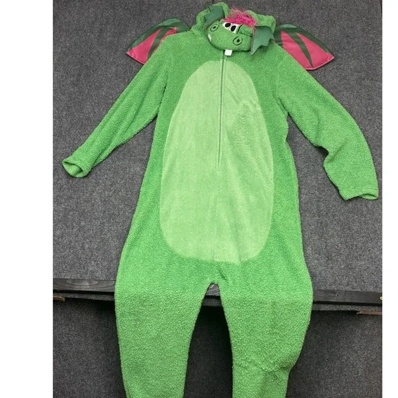Unbranded Dragon Costume Kids Green Pink Sherpa Fleece Hooded Jumpsuit Wings