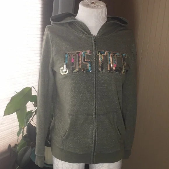 Justice jacket zip up hoodie size 16/18 green with floral print lettering