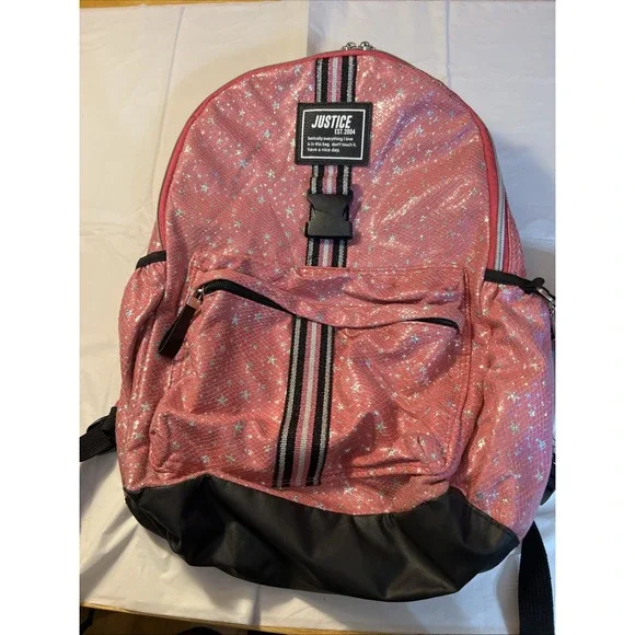 Justice Backpack Pink Silver Pencil Case Pouch Keychain Stars No Lunchbox