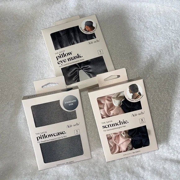 New /kit•sch/ Satin scrunchie 5pk, satin pillow eye mask and satin pillowcase