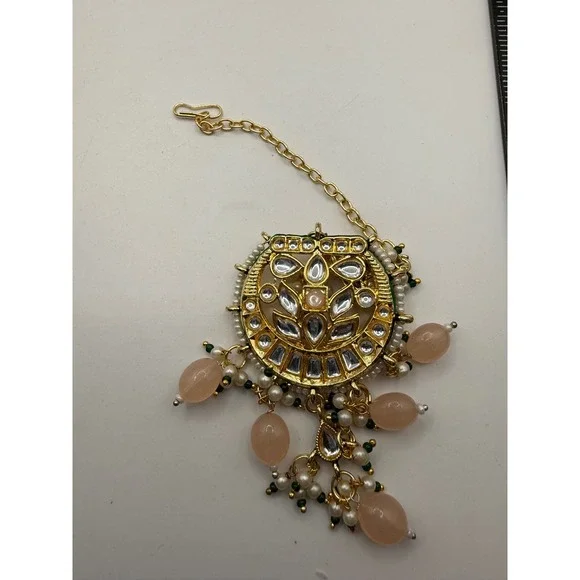 Gold Tone Kundan Maang Tikka Peach Bead Pearl Indian Bridal Hair Jewelry