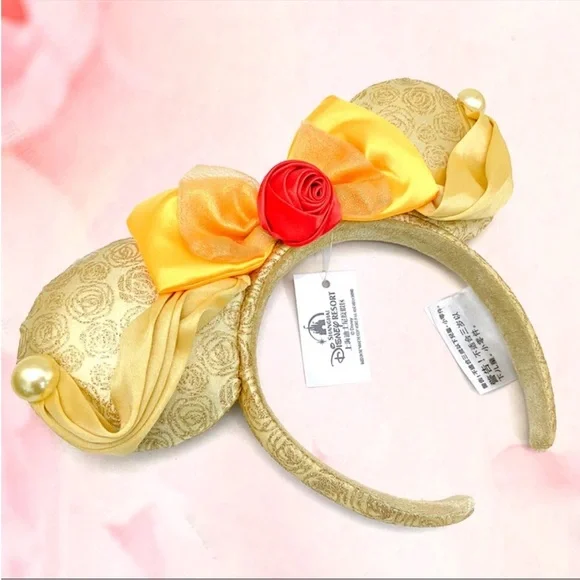 NWT DISNEY PARKS Belle Beauty & The Beast Gold Bow Rose Minnie Ears Headband