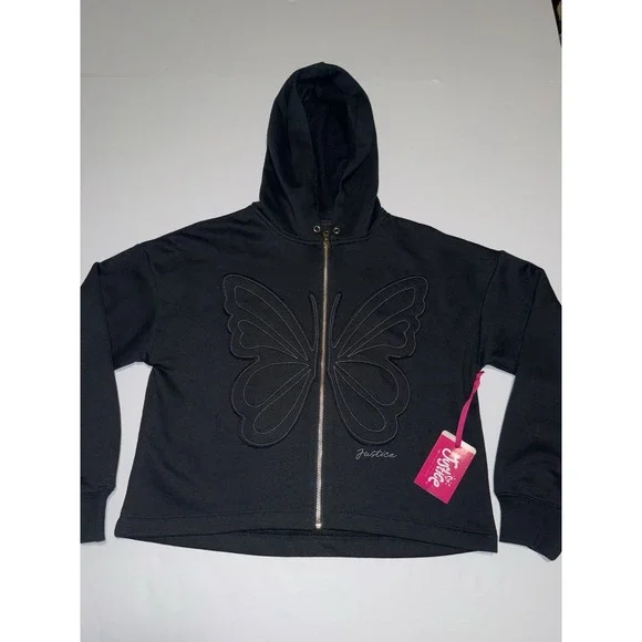 Justice Butterfly Full Zip Hoodie Black Girls Large 12/14 NWT
