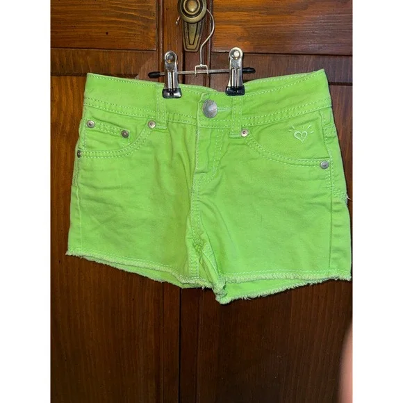 Justice Girls Neon Lime Green Denim Shorts Raw Hem Simply Low Size 7R