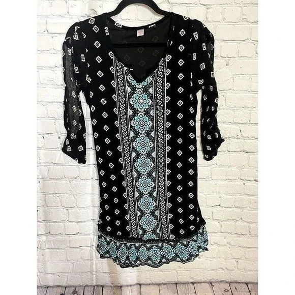 Justice Girls Black Turquoise Geometric Boho Cold Shoulder Tunic Top Size 18