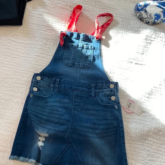 Brand new justice denim skirt overall with red bandana straps girls size 10