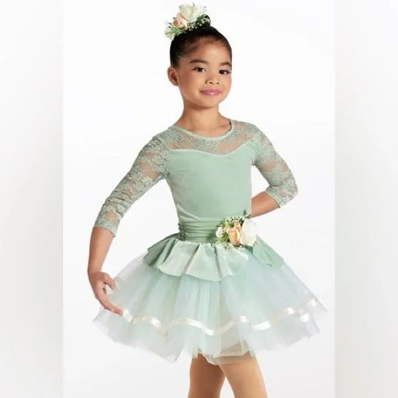 Weissman Green Ballet Tutu Costume MC Floral Lace Velour Recital Dance Dress
